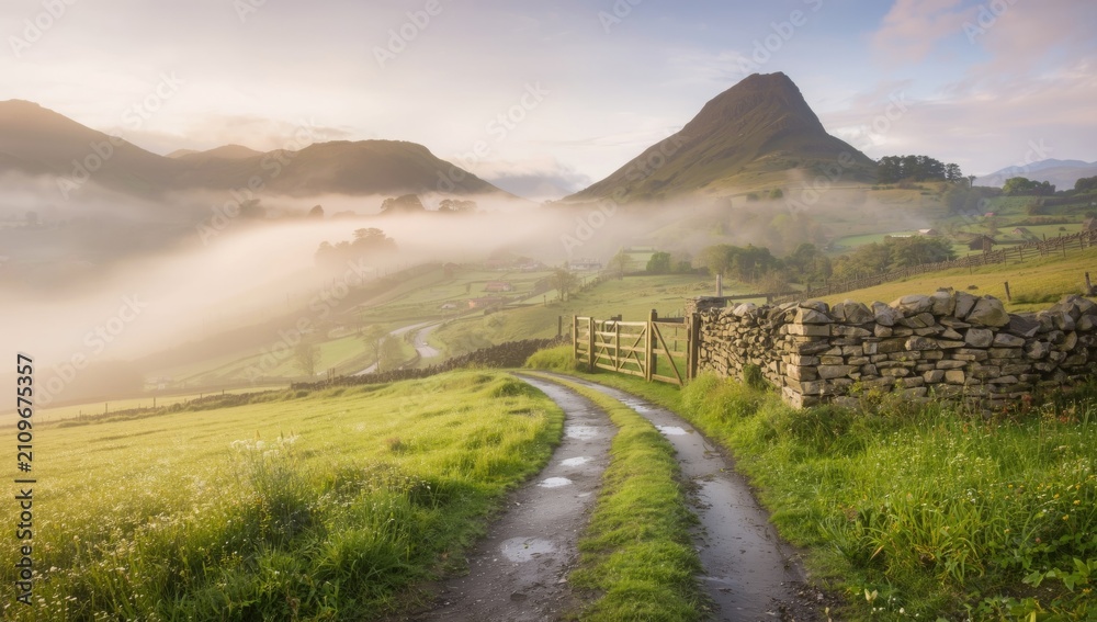 Obraz premium Meandering Country Path through Misty Hills at Sunrise with Lush Greenery