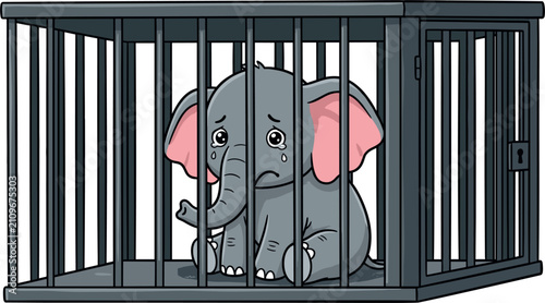 Foto Sad cartoon baby elephant crying inside a metal cage vector illustration conceptualizing animal abuse circus captivity and wildlife conservation awareness