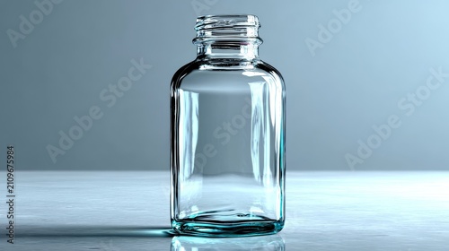 Clear glass bottle with cork stopper on dark surface, empty transparent jar and minimal still life concept.