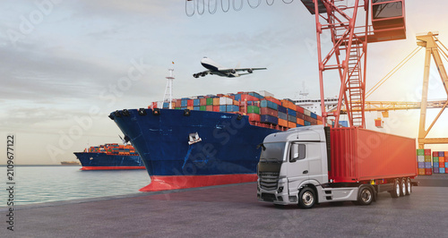 Container ship, truck and airplane at cargo port
