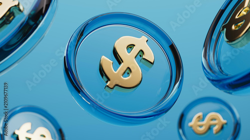 Glass dollar symbols floating on blue financial background