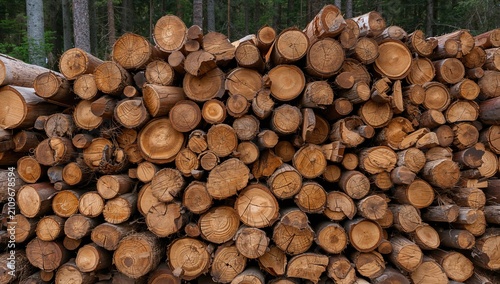Stacked Logs in a Forest Setting with Natural Wood Textures