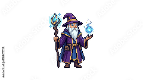 Pixel art wizard holding staff and magic energy orb.