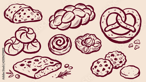 Fotografie Rustic bakery illustration featuring assorted breads pastries pretzel rolls cook