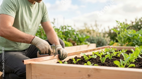 Gardener Installing Copper Barriers for Pest Control in a Garden