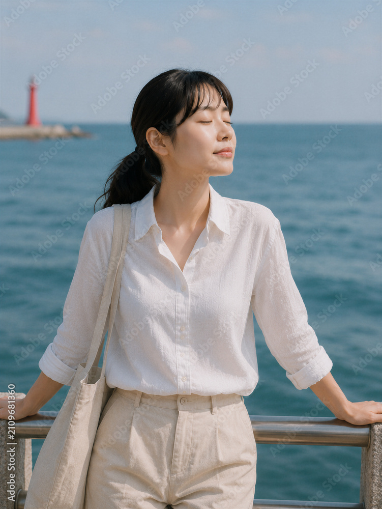 Fototapeta premium 바다를 배경으로 휴식하는 한국인 여성