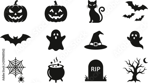 Halloween horror icons silhouette set featuring pumpkins bats and ghosts halloween silhouette spiderweb cauldron tombstone celebration isolated collection elements monsters