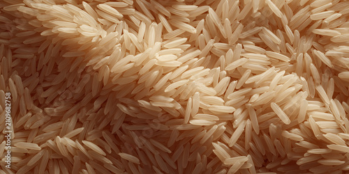 A close-up, macro shot of uncooked Basmati rice grains, illuminated by warm sunlight, casting gentle shadows and highlighting the texture of the slender grains