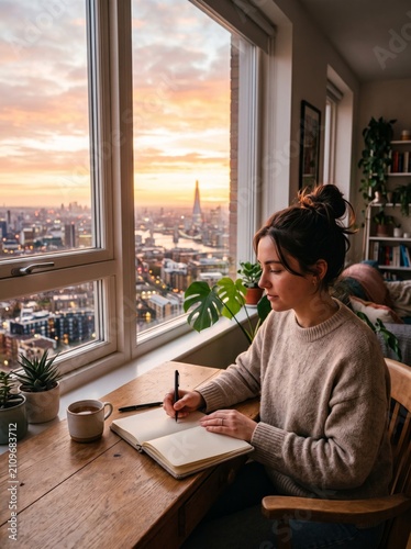 Creative journaling with urban sunrise view