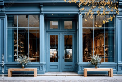 A blue storefront with benches. Retail shop exterior for design.