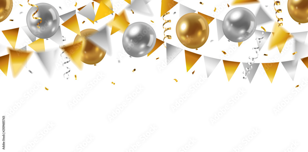 Fototapeta premium Decorative seamless pattern with shiny gold and silver flying balloons, decorative garlands and falling streamers and confetti on transparent background 