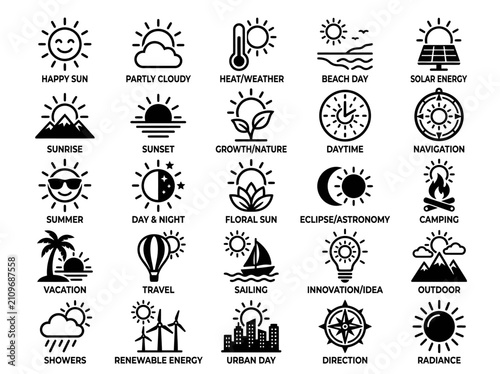 Collection of Weather and Nature Icons: Sun, Clouds, Day, Night, Seasons, Energy