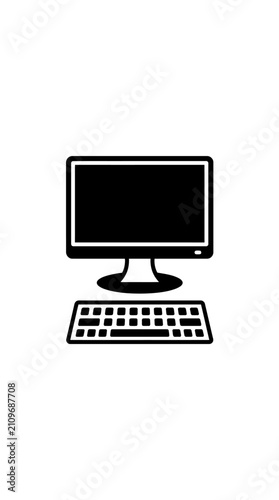 Computer Icon with Monitor and Keyboard, Black Silhouette on White Background
