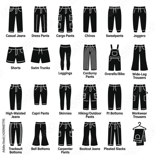 Collection of Men's Bottoms Fashion Styles: Jeans, Shorts, Pants, and Trousers