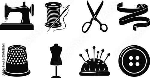 Tableau sur toile Set of black and white sewing icons featuring tools, tailoring accessories, and