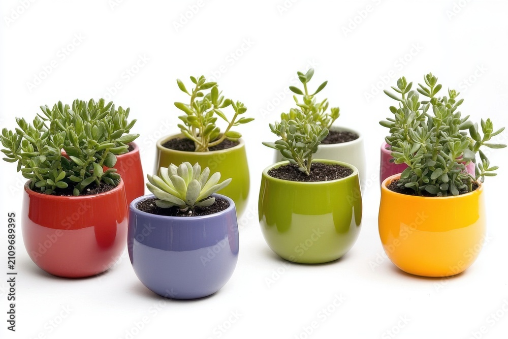 Fototapeta premium Colorful Ceramic Pots Holding Assorted Indoor Succulent Plants