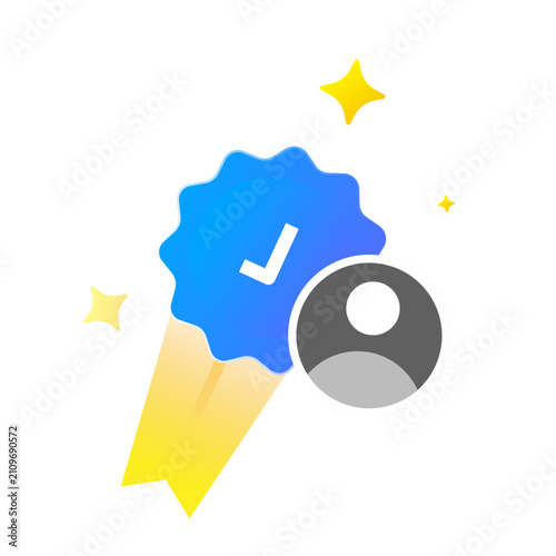 illustration of profile badge with check mark. new account achievement, verified status, earned recognition, user milestone. for ui design, gamification systems, membership rewards, progress