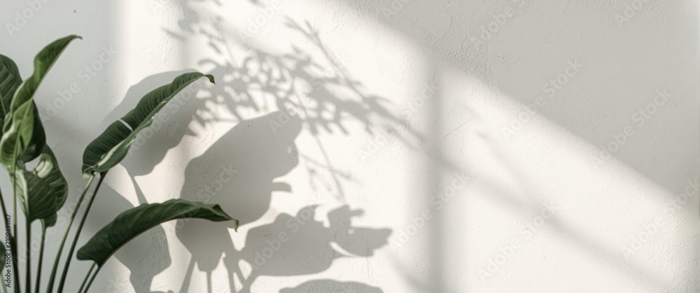 Obraz premium Green Plant Casting Shadows on a White Wall in Soft Light