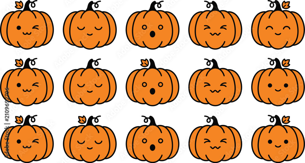 Obraz premium Set of cute cartoon pumpkins with various funny facial expressions for halloween decorations and autumn seasonal design elements