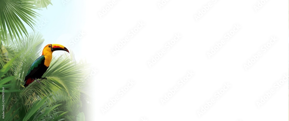 Fototapeta premium Colorful Toucan Perched Among Tropical Leaves in Bright Light