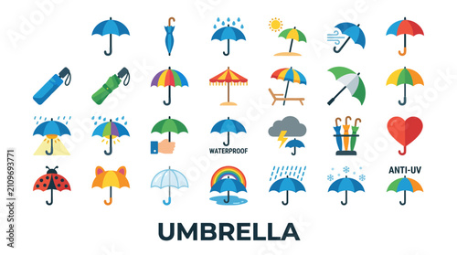 Colorful umbrella icons for weather and shade.