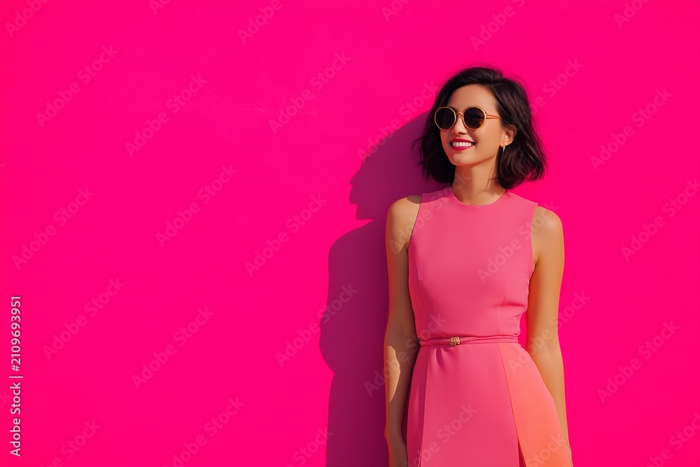 Obraz premium Stylish woman in a pink dress poses against a vibrant pink wall showcasing modern fashion trends and lively aesthetics for commercial photography needs. Generative AI