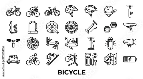 Cycling navigation and repair kit line icons.