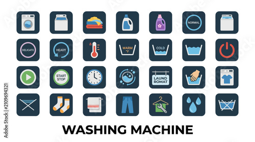 Dark square interface buttons for laundry apps.