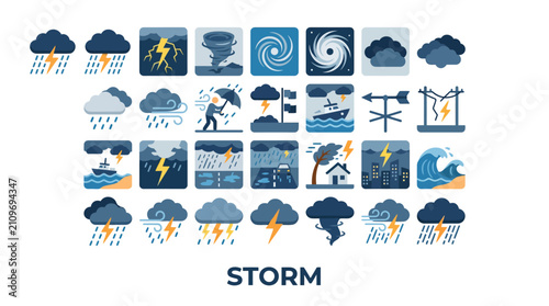 Dark theme thunderstorm and flood icons.