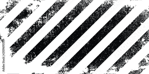 Abstract black and white grunge background texture with distressed diagonal warning stripes. Industrial caution barricade tape vector graphic design asset for poster or banner.