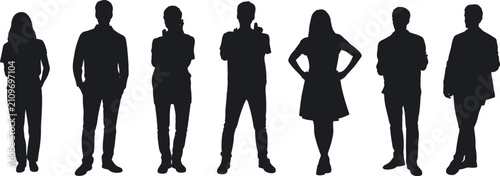 Group of People Silhouettes Standing Men and Women Vector Icons Set Isolated on White Background