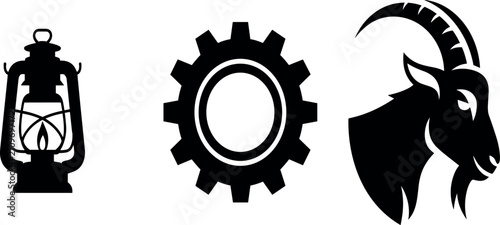 Kerosene Lantern Gear Wheel and Goat Head Silhouette Vector Icon Set Isolated on White Background