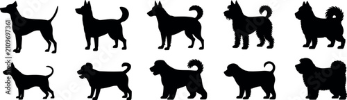 Various Dog Breeds Silhouettes Vector Icon Set Isolated on White Background for Pet Care