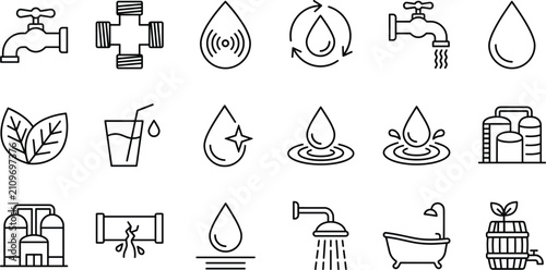 Water supply plumbing and domestic utility line icons set for home renovation pipeline drainage and purification design