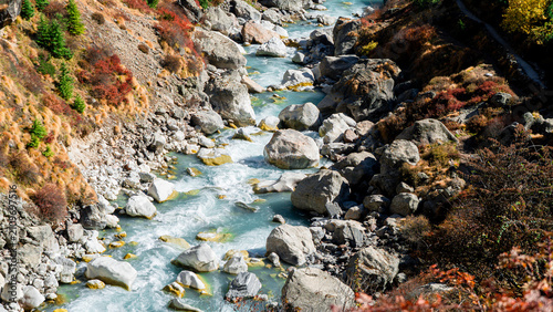A dynamic river carving through rugged terrain with a mix of white and gray rocks, surrounded by autumnal foliage in shades of red, orange and brown in first indian village mana near badrinath