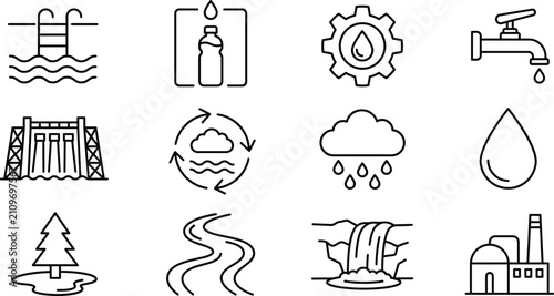 Water resource infrastructure and natural environment line icons set for ecology conservation sustainability and utility design