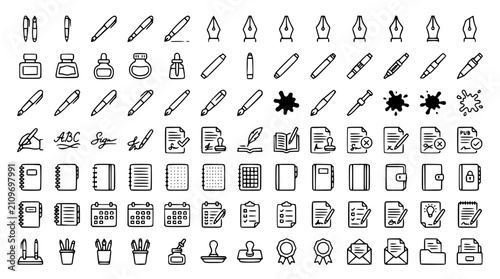 Modern Fountain Pen Thin Line Icon Collection with Writing Education and Office Stationery Symbols