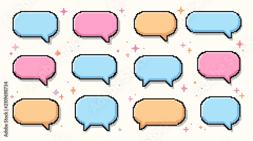 Set of colorful pixel art speech bubbles with sparkling stars for chat messages and social media design
