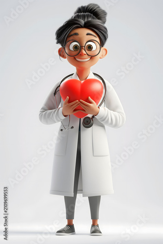 A smiling cartoon doctor holding a red heart symbolizes compassion, healthcare, and medical expertise, ideal for health-related education, promotions, and awareness campaigns