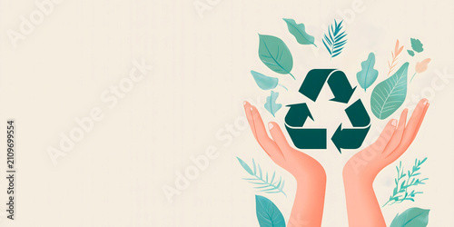 Illustration symbolizing environmental conservation with human hands holding green recycling symbol surrounded by leaves,for eco-friendly campaigns,sustainability projects,recycling awareness designs