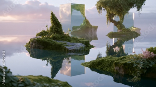 Surreal Landscape with Reflective Mirror Monoliths on Mossy Islands over Calm Water