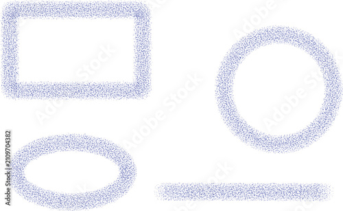 Blue stipple and spray effect texture frames, circles, and rectangular shapes collection.