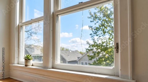 Vertical crack on residential house window glass pane against blue sky outdoors view