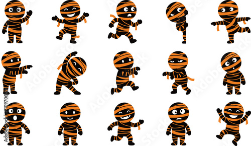 Canvastavla Collection of cute mummy characters in various poses flat vector illustration on
