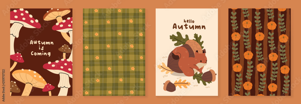 Obraz premium Autumn poster templates and patterns vector set. Seasonal fall illustrations with leaves, pumpkin, flowers and botanical elements for greeting card, cover, print, wall art and background.