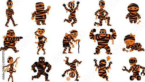 Konstfotografi Collection of orange and black cartoon mummies with various poses halloween vect