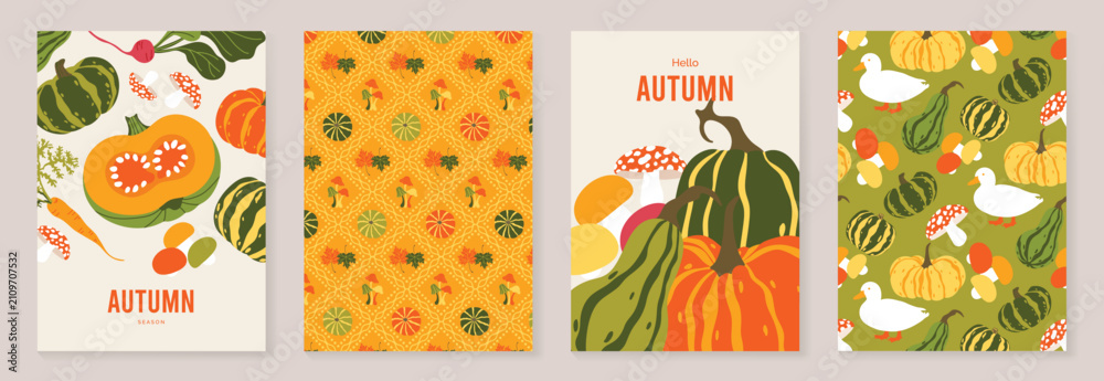 Obraz premium Autumn poster templates and patterns vector set. Seasonal fall illustrations with leaves, pumpkin, flowers and botanical elements for greeting card, cover, print, wall art and background.