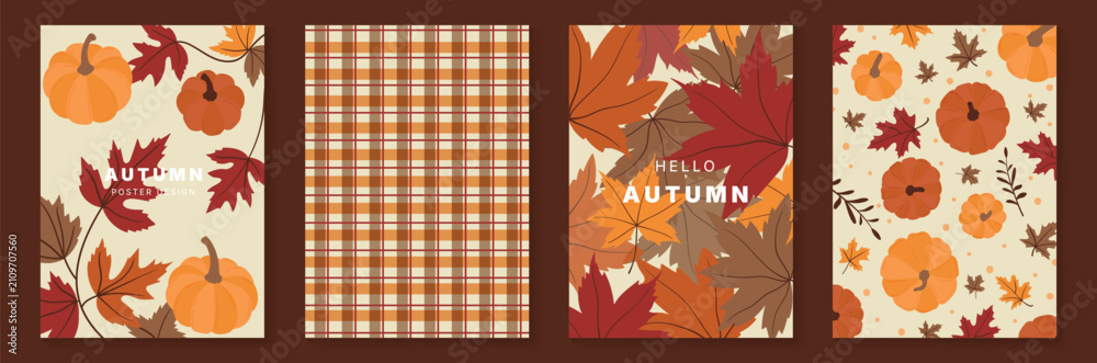 Obraz premium Autumn poster templates and patterns vector set. Seasonal fall illustrations with leaves, pumpkin, flowers and botanical elements for greeting card, cover, print, wall art and background.