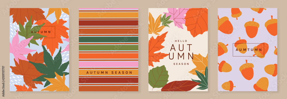 Obraz premium Autumn poster templates and patterns vector set. Seasonal fall illustrations with leaves, pumpkin, flowers and botanical elements for greeting card, cover, print, wall art and background.