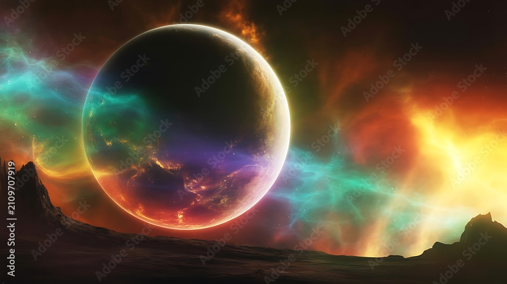 Fototapeta premium Futuristic planet with glowing atmosphere and cosmic clouds